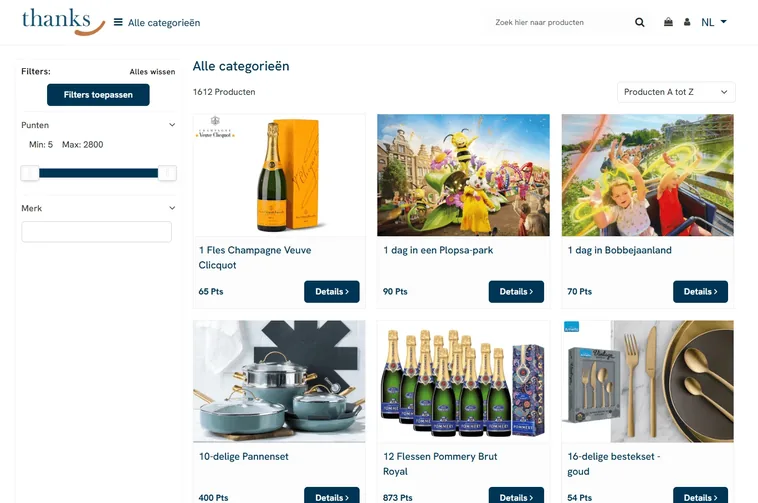 De rewardcatalogus van Thanks met producten en puntenprijzen