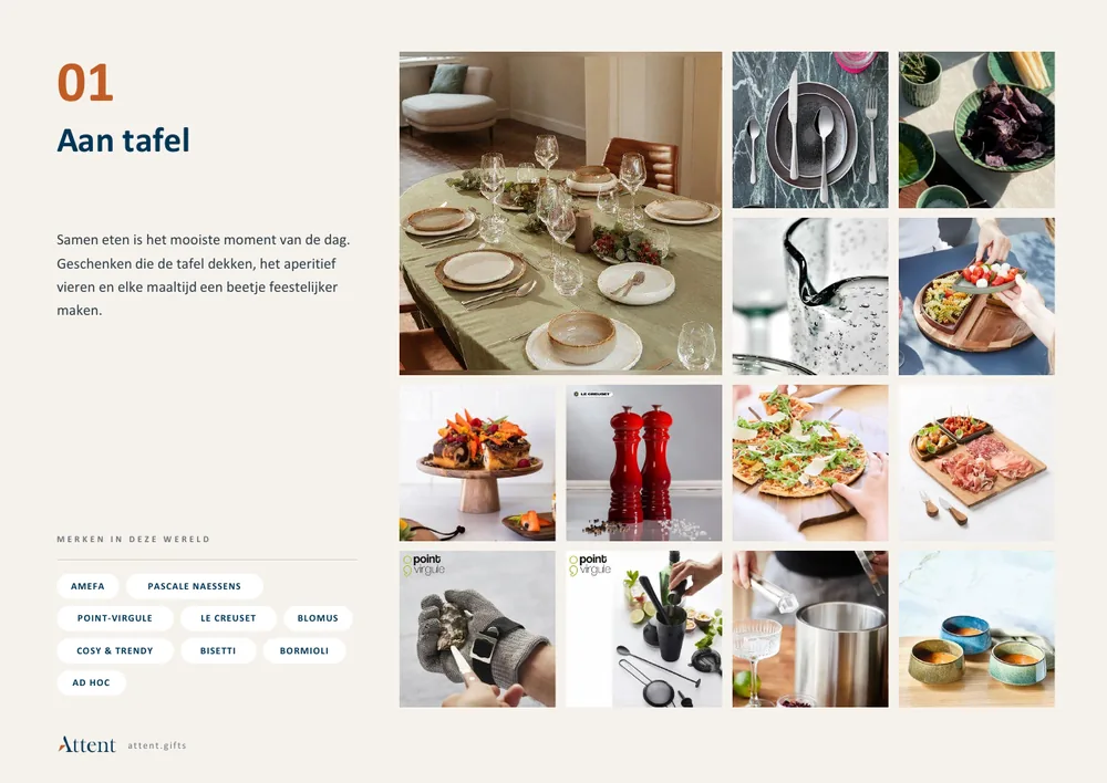 The At the table page from the inspiration guide, with tableware, cutlery and serving boards