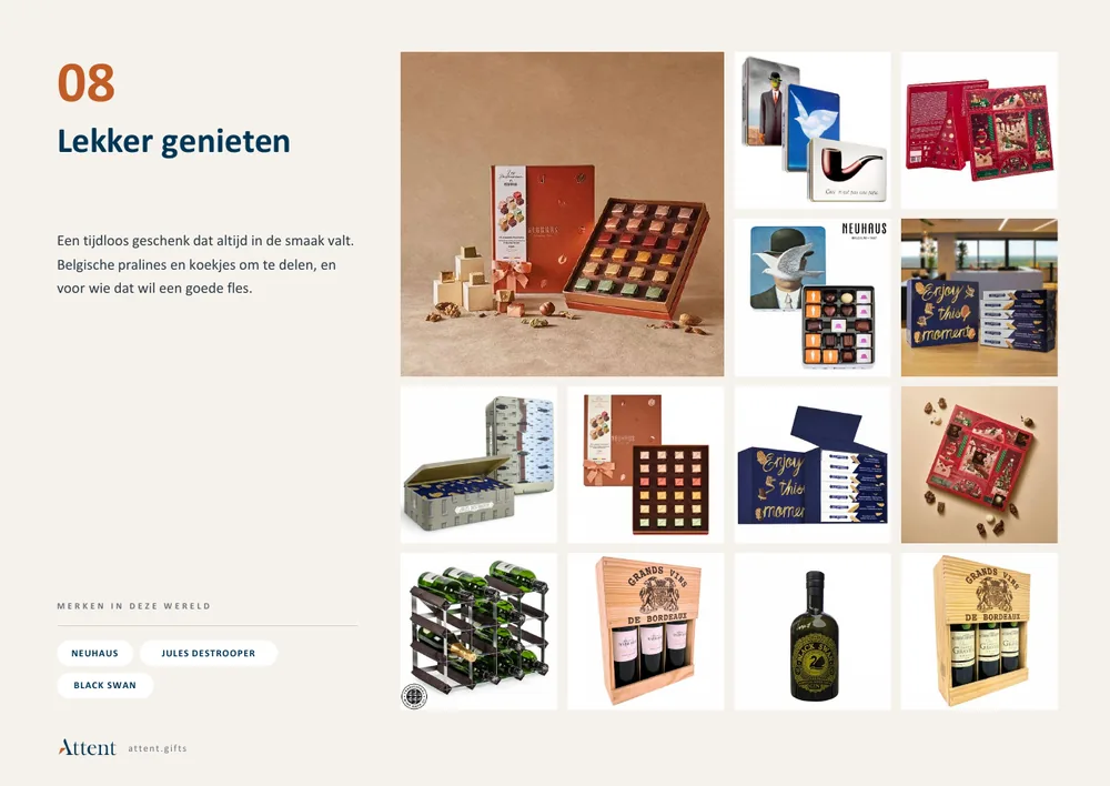 The Good things page from the inspiration guide, with pralines, biscuits and wine