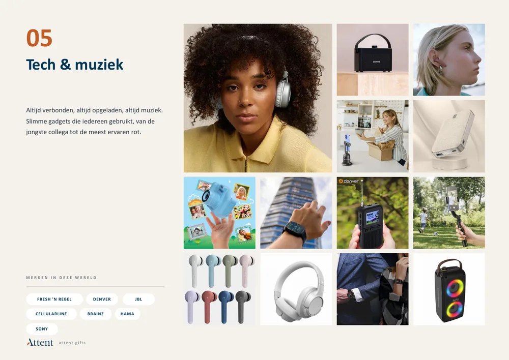 The Tech and music page from the inspiration guide, with headphones, speakers and chargers
