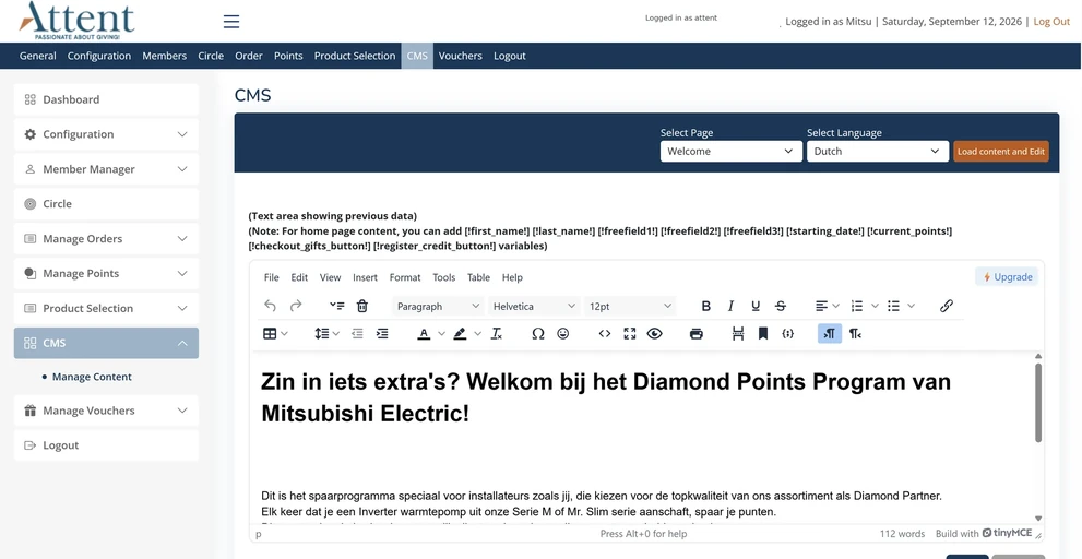 De contentbeheerder waarin de klant zijn eigen welkomsttekst aanpast, per pagina en per taal, met invoegvariabelen zoals voornaam en huidig puntensaldo.