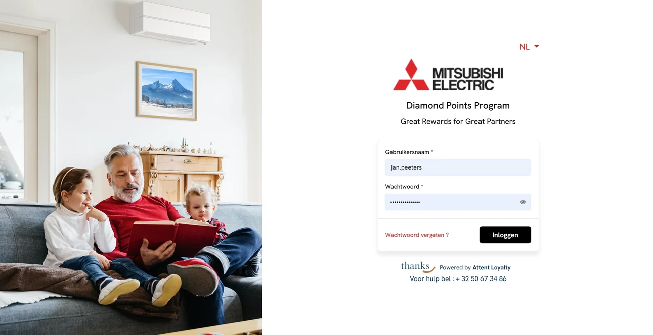 Inlogscherm van een spaarprogramma in de huisstijl van de klant, met het logo van de klant, de programmanaam en onderaan het Thanks-woordmerk met de vermelding Powered by Attent Loyalty.