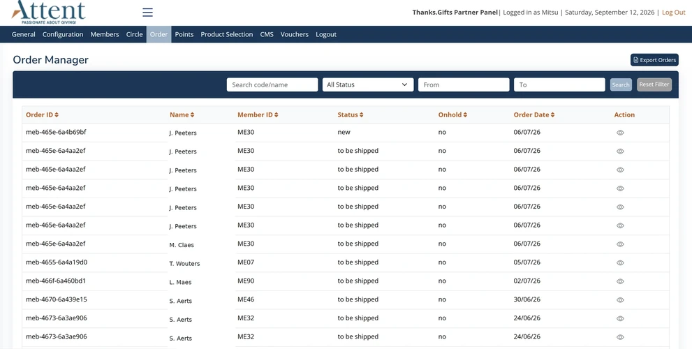 Het orderoverzicht in het beheerpaneel, met filters op status en datum, een zoekveld en een knop om de orders te exporteren.